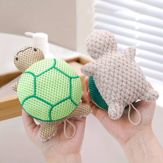 A double-sided turtle shower ball, a cute shower ball for Light Beige cleansing and body exfoliation, a reusable bathing tool, and a bathroom accessory