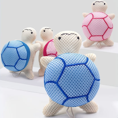 A double-sided turtle shower ball, a cute shower ball for Light Beige cleansing and body exfoliation, a reusable bathing tool, and a bathroom accessory