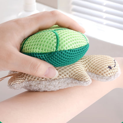 A double-sided turtle shower ball, a cute shower ball for Light Beige cleansing and body exfoliation, a reusable bathing tool, and a bathroom accessory