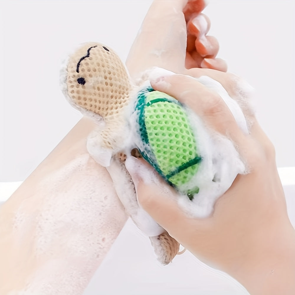 A double-sided turtle shower ball, a cute shower ball for Light Beige cleansing and body exfoliation, a reusable bathing tool, and a bathroom accessory