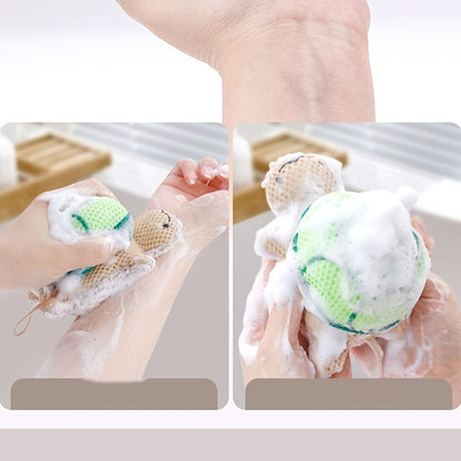 A double-sided turtle shower ball, a cute shower ball for Light Beige cleansing and body exfoliation, a reusable bathing tool, and a bathroom accessory